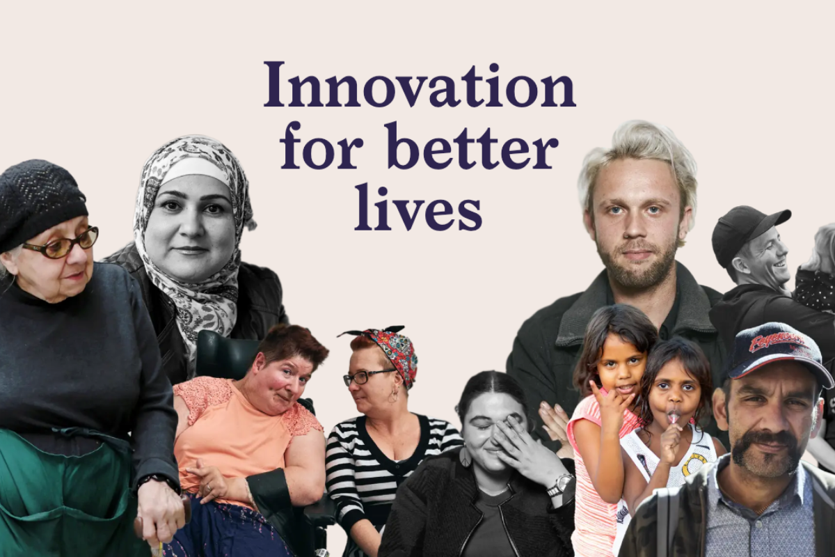 A collage of diverse people, including individuals of different ages, backgrounds, and abilities, with the text "Innovation for better lives" in bold above them. The background is a soft neutral colour, and the image conveys inclusivity, community, and social impact.